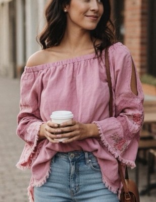 Standard Grace Women s Pink embroidered Boho cold shoulder top Sz M - NEW