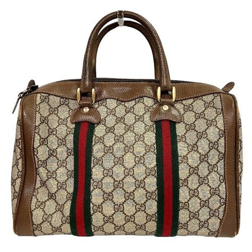 Gucci Sherry Line GG Brown PVC Leather Handbag Used From Japan