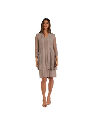 R&M RICHARDS Womens Beige Unlined Open Front 3/4 Sleeve Sleeveless Dress S