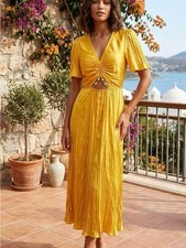 MANGO Yellow Pleated Satin Cut-Out Midi Dress Size Medium
