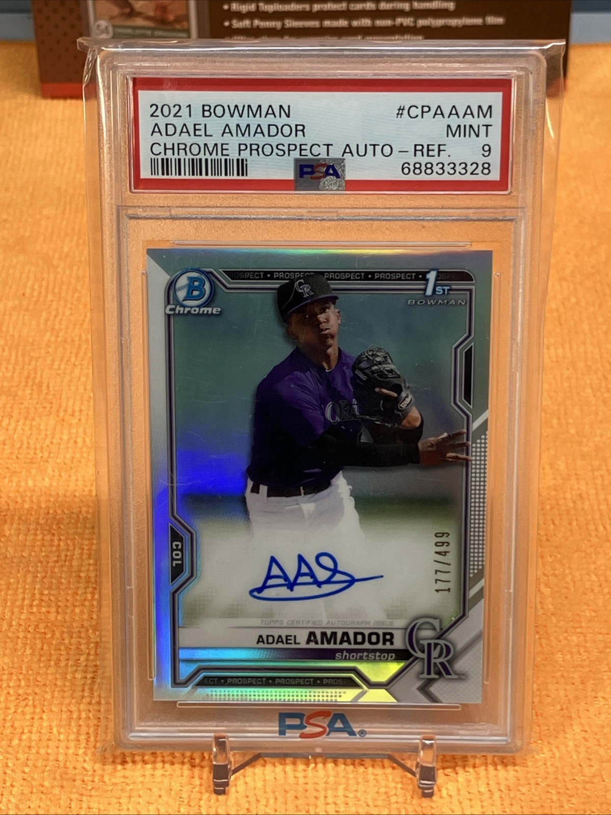 /499 Adael Amador 1ST AUTO 2021 Bowman #CPA-AAM CHROME REFRACTOR - PSA 9 Rockies