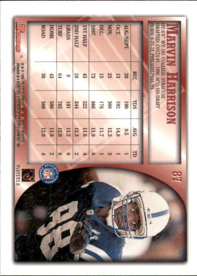 1998 Bowman #87 Marvin Harrison Indianapolis ID:64516 - Image 2 of 2
