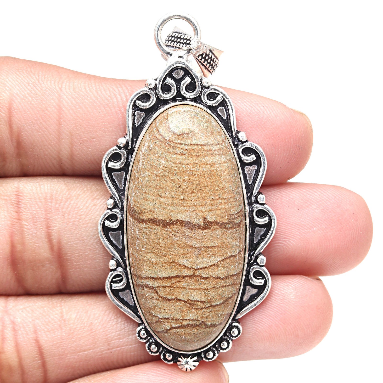 Pendant Picture Jasper Gemstone Valentine'Day Gift Silver Jewelry 2.75