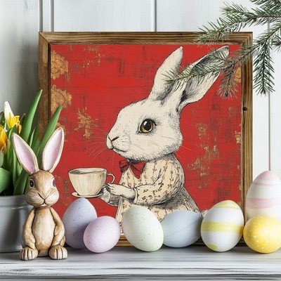 Vintage Style Rabbit Coffee Wooden Signage Framed Rustic Easter Kitchen Decor