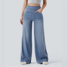 Halara Flex High Waisted Stripe Wide Leg Jeans light blue Pullon size L NWOT
