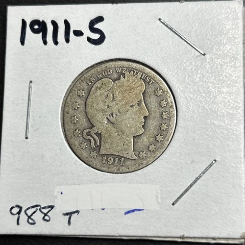 1911-S Liberty Barber Silver US Quarter