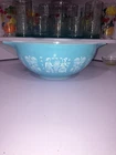 VTG PYREX Turquoise AMISH BUTTERPRINT 4 QT Cinderella Mixing Bowl #444 READ