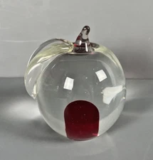Glass Apple Paperweight Clear Red Bubble Inside Sticker Brazil Clear Base 2”
