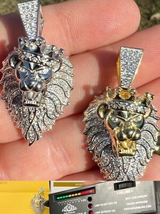 Authentic MOISSANITE Silver/Gold Plated Iced Rasta Lion Crown Pendant Necklace Pass Test