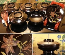 Japanese Lacquer Set of 5 Lidded Flat Soup Bowl 2.87inch Gold Bellflower Maki-e