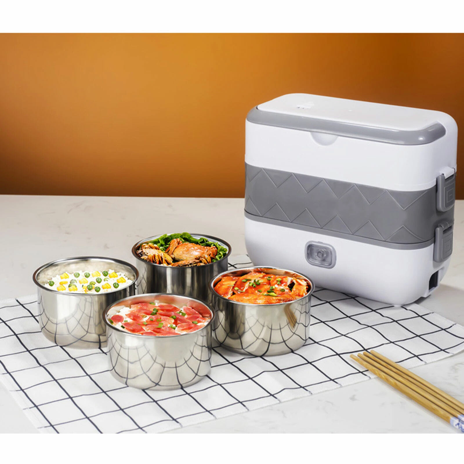 Electric Food Warmer Rice Cooker Stainless Steel 110V Portable 2 Layer Lunch Box
