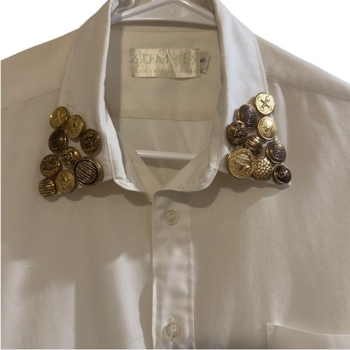 VTG Sum-Es 1980’s White Button-Up Shirt w/ Gold Button Embellished Collar Size S - Picture 3 of 6