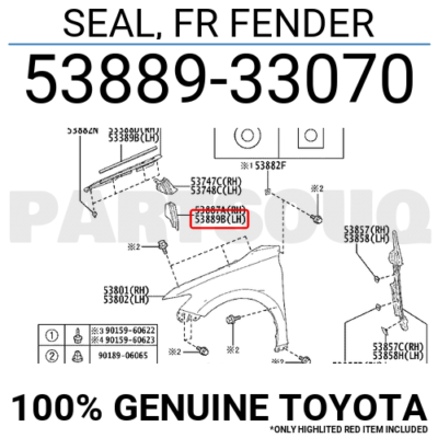 5388933070 Genuine Toyota SEAL, FR FENDER 53889-33070 | eBay