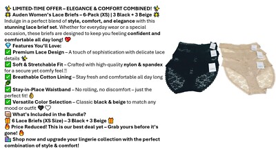 6 PACK Auden Women's All over Lace Brief Panty Underwear-Size XS-Black & Beige