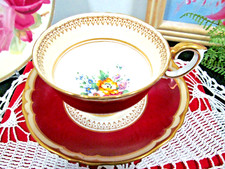 CROWN Staffordshire tea cup and saucer red and floral teacup gold gilt