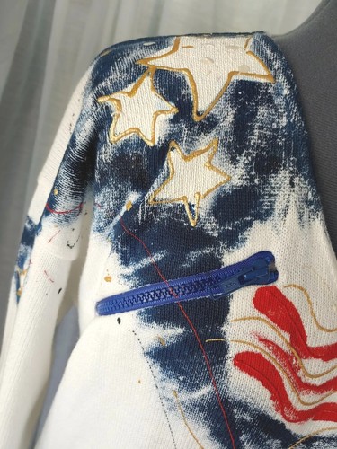 Vtg Sarah Handpainted Originals Patriotic Cotton Sweater w Multip. Pockets Sz SM - Picture 3 of 12