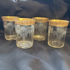 4 Tiffin Franciscan Clear Etch Gold Encrusted Whiskey Glasses Rambler Rose 3.75”