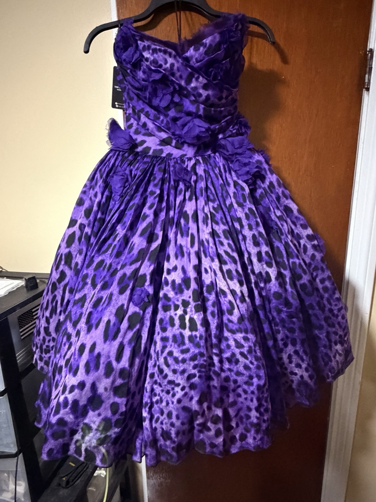 Dolce & Gabbana Purple Black Leopard Silk Organza Strapless Floral Appliqué 42