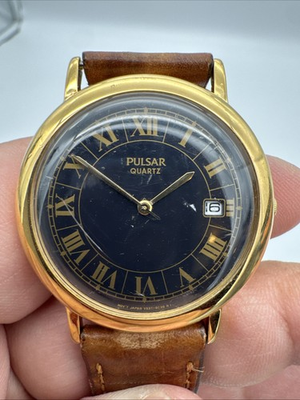 #ad Pulsar Watch Men 35mm Black Dial Gold Tone Date Round V537 8B00 $23.99
