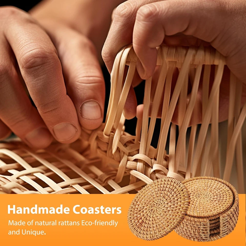 Set Di Sottobicchieri in Rattan Con Supporto - Set Da 6 Sottobicchieri per Bicch - Immagine 2 di 4