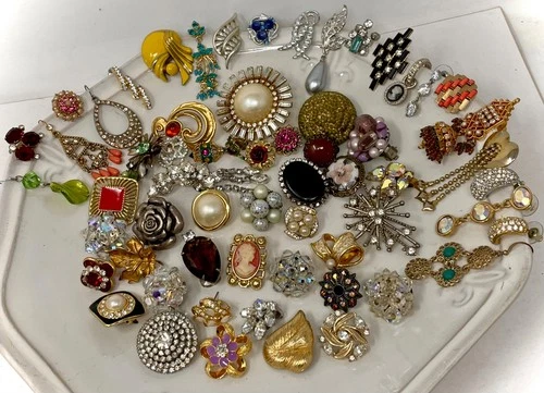 Lot Vtg Costume Jewelry Single Earrings Pierced Clip Craft Repurpose Rhinestone