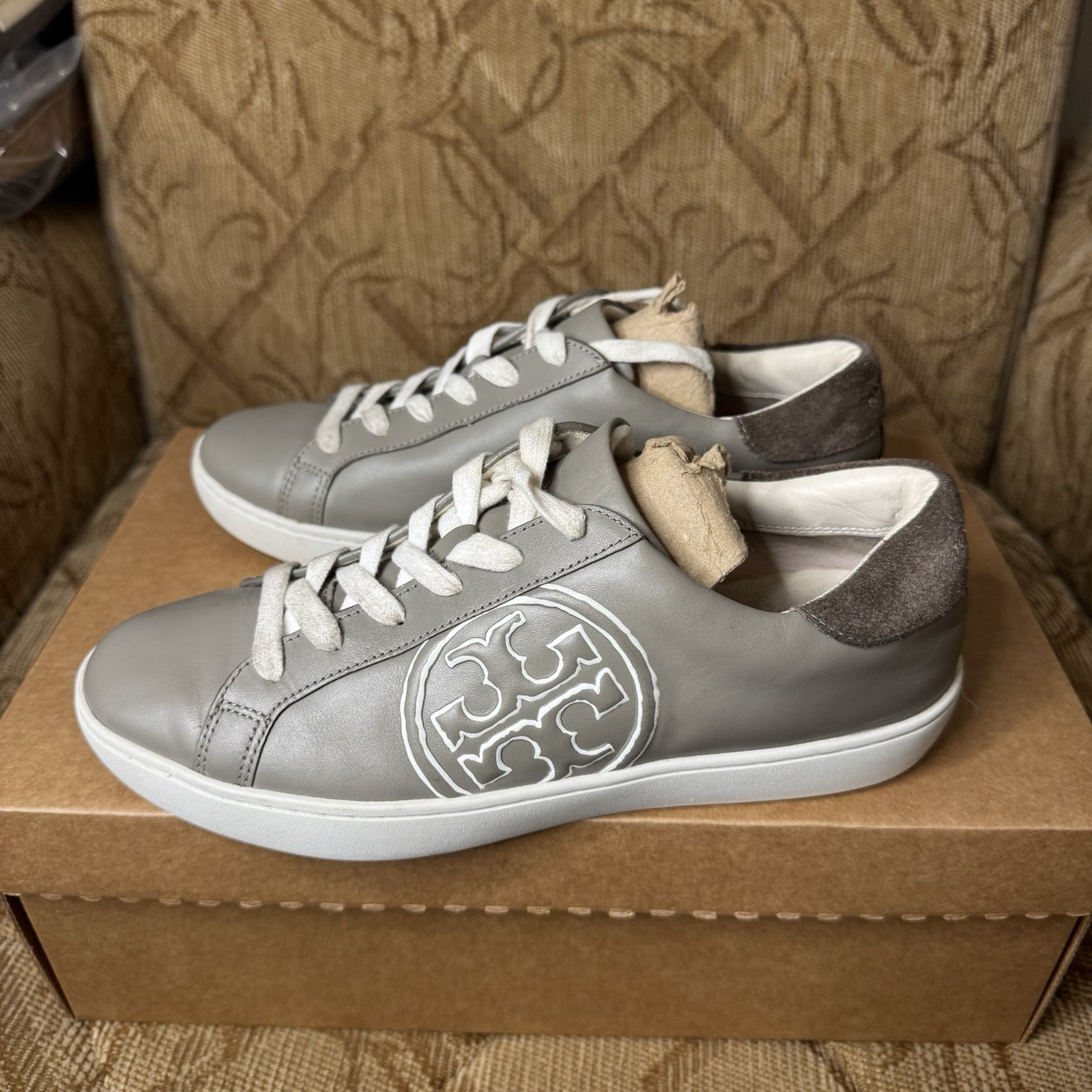 Tory Burch T-Logo Nappa Leather /Nat Suede Sneaker Shoes IN Gray Heron Size 8M