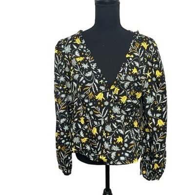 Universal Thread Wrap Top Floral Pattern Balloon Long Sleeve V-Neck Black Medium