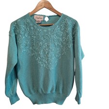 Vintage Crochet Sweater Women Med Blue Beaded Glam Knit Cottage Preppy Academia