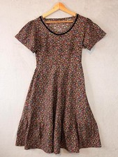 Vintage 70s 80s Black Ditsy Floral Fit & Flare Dress Puff Sleeve Velvet Trim