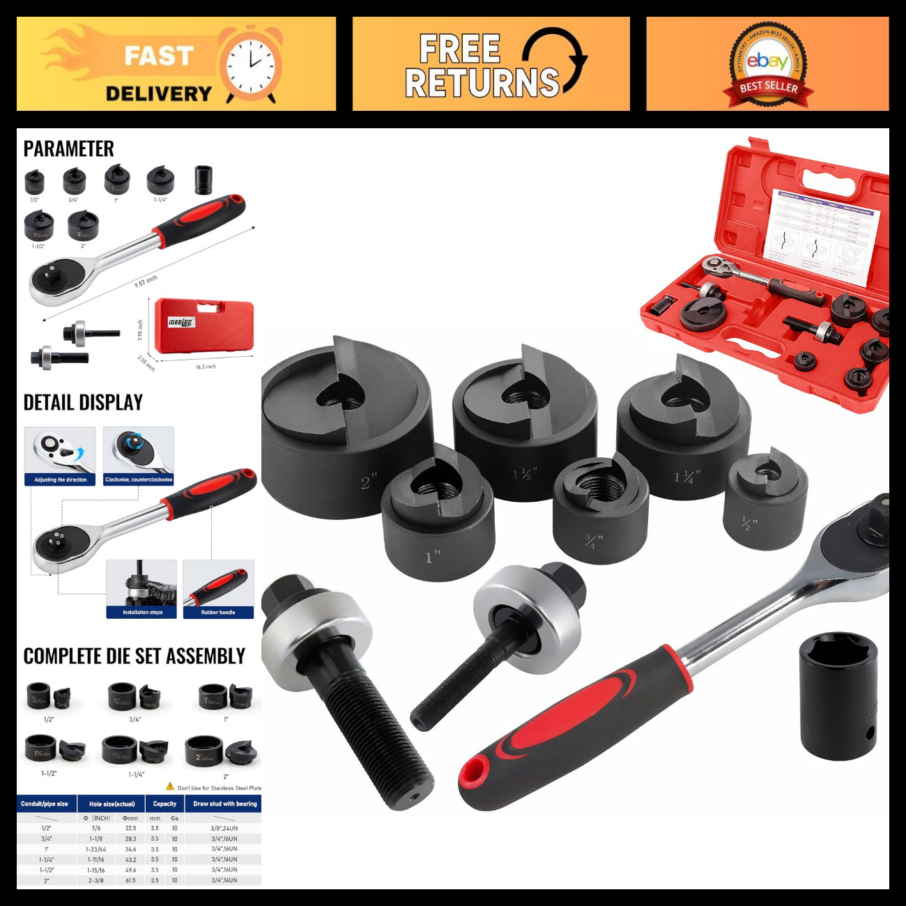 Ratchet Knockout Hole Punch Driver Kit 1/2 to 2 Inch Electrical Conduit Cutter T