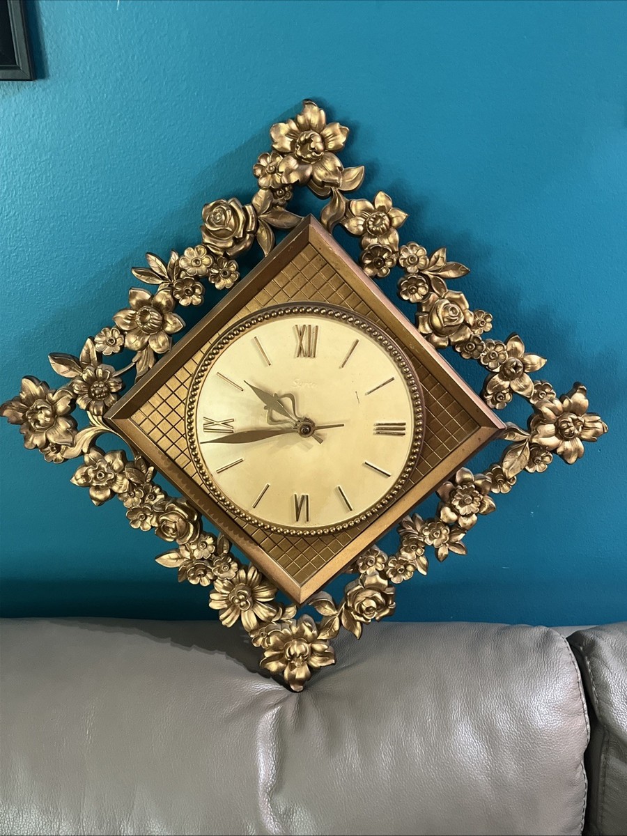 Vintage Syroco 8 Day MCM Gold Tone Floral Wall Clock 20” Hardwire