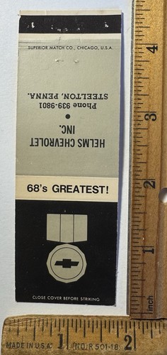 Vintage 1968 Helms Chevrolet Dealership Matchbook Cover Steelton Pennsylvania