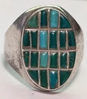 Vintage Native American Silver Turquoise Inlay Ring Size 10.5 – 12g Blue Green