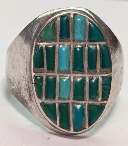Vintage Native American Silver Turquoise Inlay Ring Size 10.5 – 12g Blue Green
