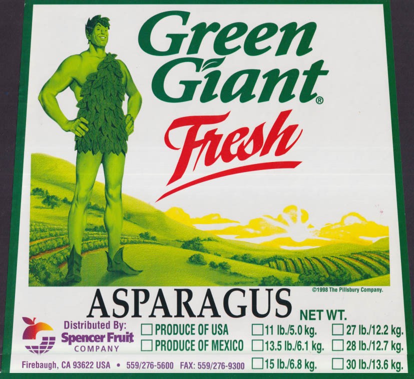 Green Giant Fresh Asparagus unused produce crate label 1998