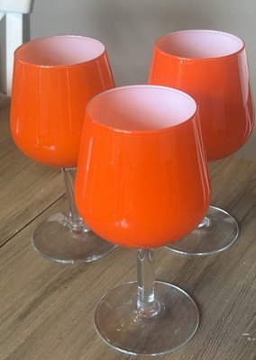 Vintage Carlo Moretti Murano art glass Orange White lined clear stem MCM Set 3