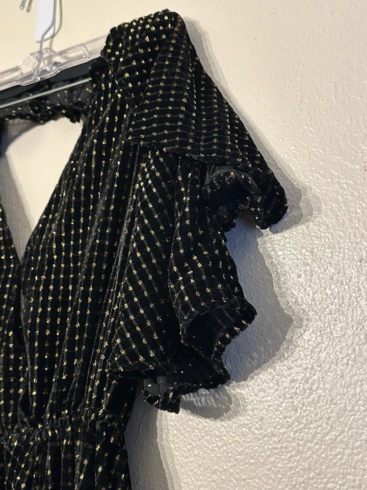 House of Harlow 1960 × Revolve Velvet Metallic Dress Black Gold Ruffles Size XS - Image 4 of 4