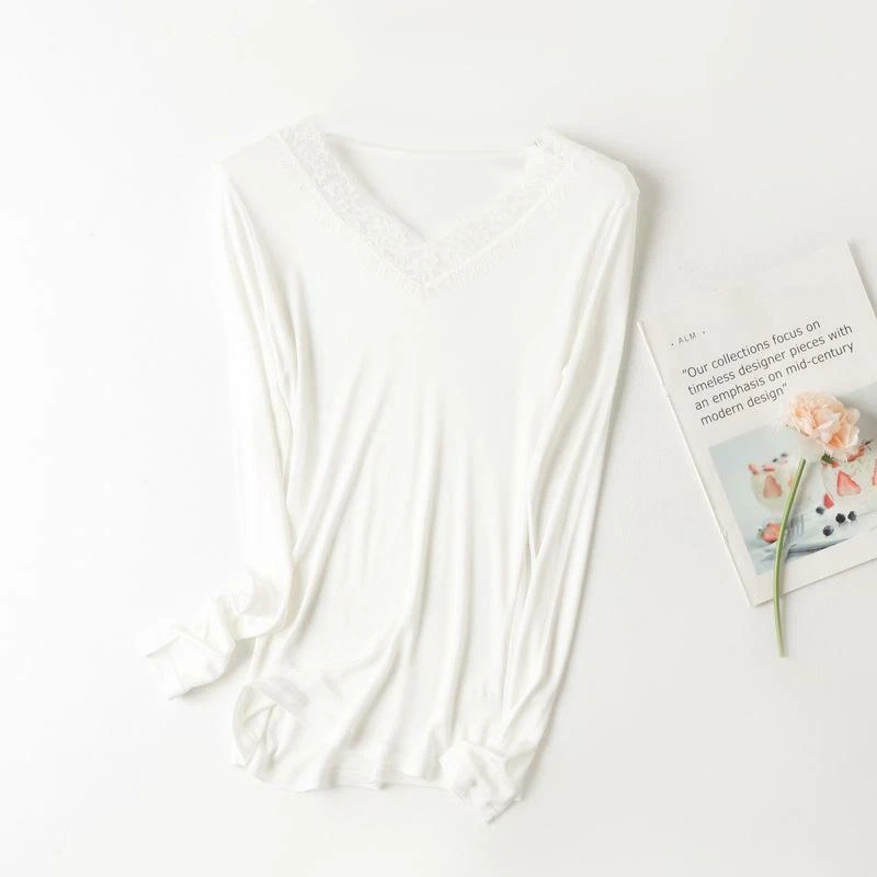 Mujeres Morera Seda Térmica Top Encaje Cuello en V Base Camisas Manga Larga Foto 3 de 4