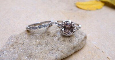 1.2ct Lab-Created Peach Morganite Engagement Ring White Gold Plated Bridal Set