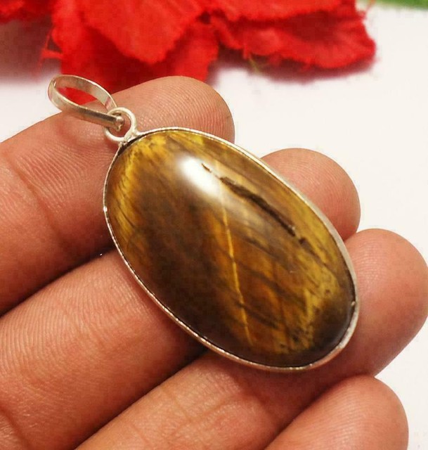 Tigers Eye Gemstone Pendant 925 Sterling Silver Plated Jewelry U225