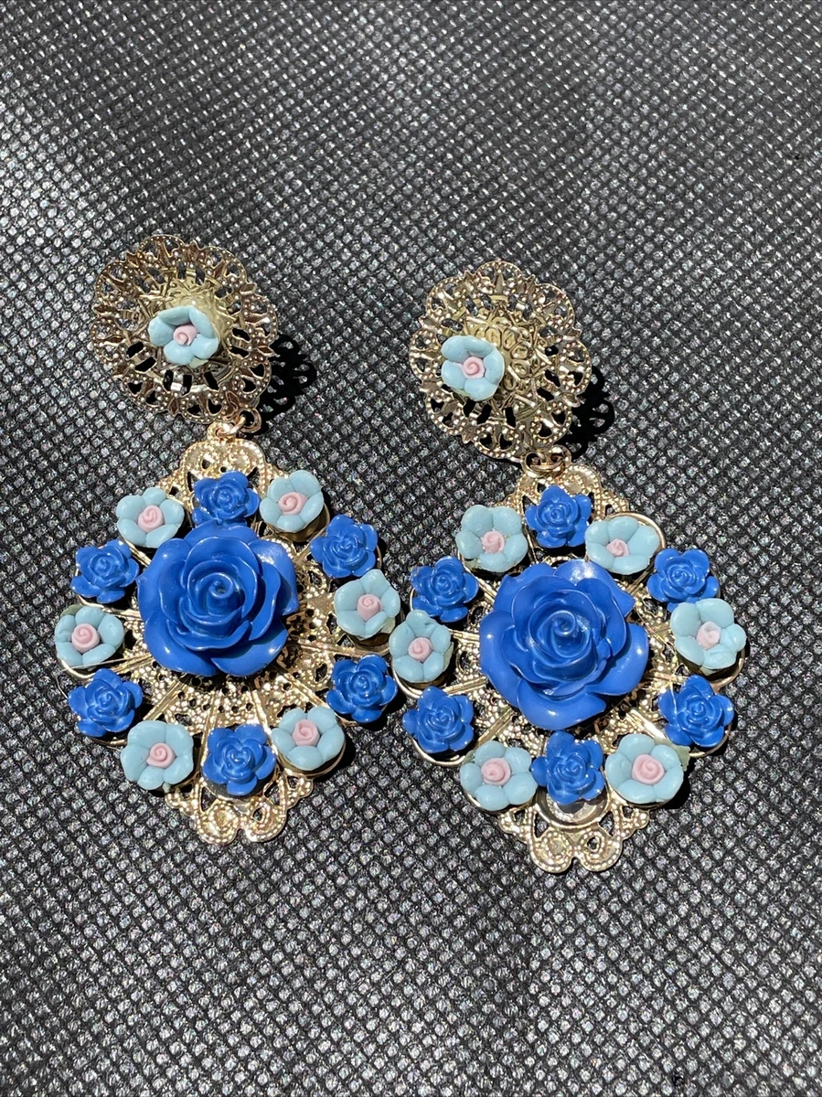 Vintage Colorful Spanish Style Blue Rose Gold Tone Earrings Dangle Studded