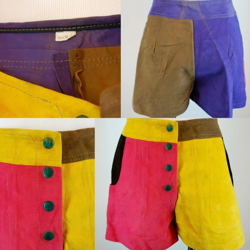 Vintage 70s 100% Suede Leather Color block High Waist Shorts Pink Yellow Purple - Picture 9 of 9
