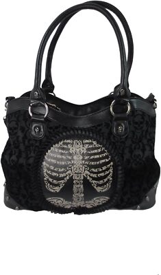 Black Goth Steampunk Flocked Ribcage Skeleton Cameo Handbag Shoulder Bag,... 