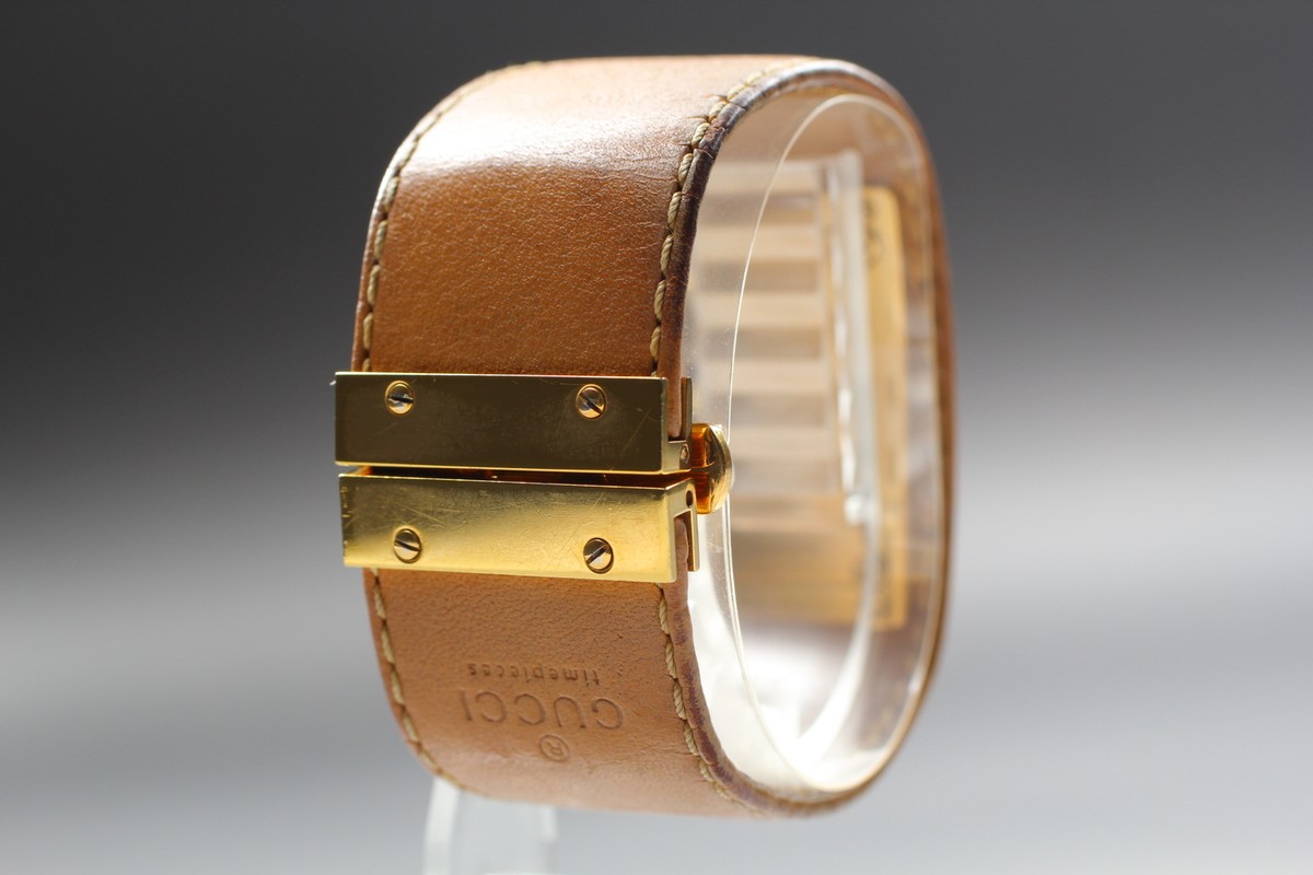 Near MINT] GUCCI 7800S Gold Case Brown Leather Bangle Quartz