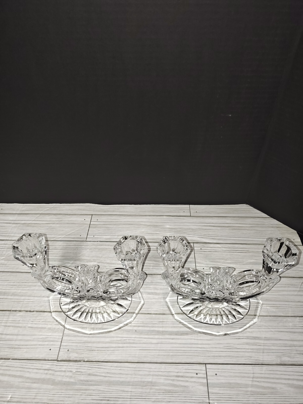 Vintage Crystal Clear Art Glass Double Stick Candle Holders Home Decor Set  Of 2