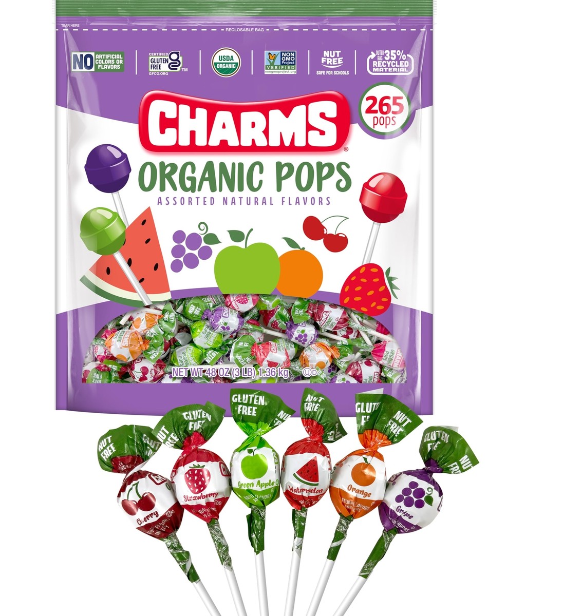 Charms Organic Pops 265 Count – USDA Organic Fruit Candy Lollipops 