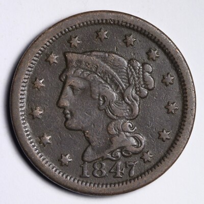 1847 Braided Hair Large Cent CHOICE XF E340 JCL | eBay