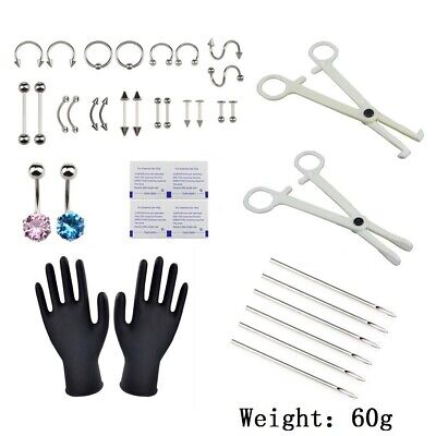 37PCS/Set Body Piercing Tool Kit Ear Nose Belly Button Navel Nipple Needles*v