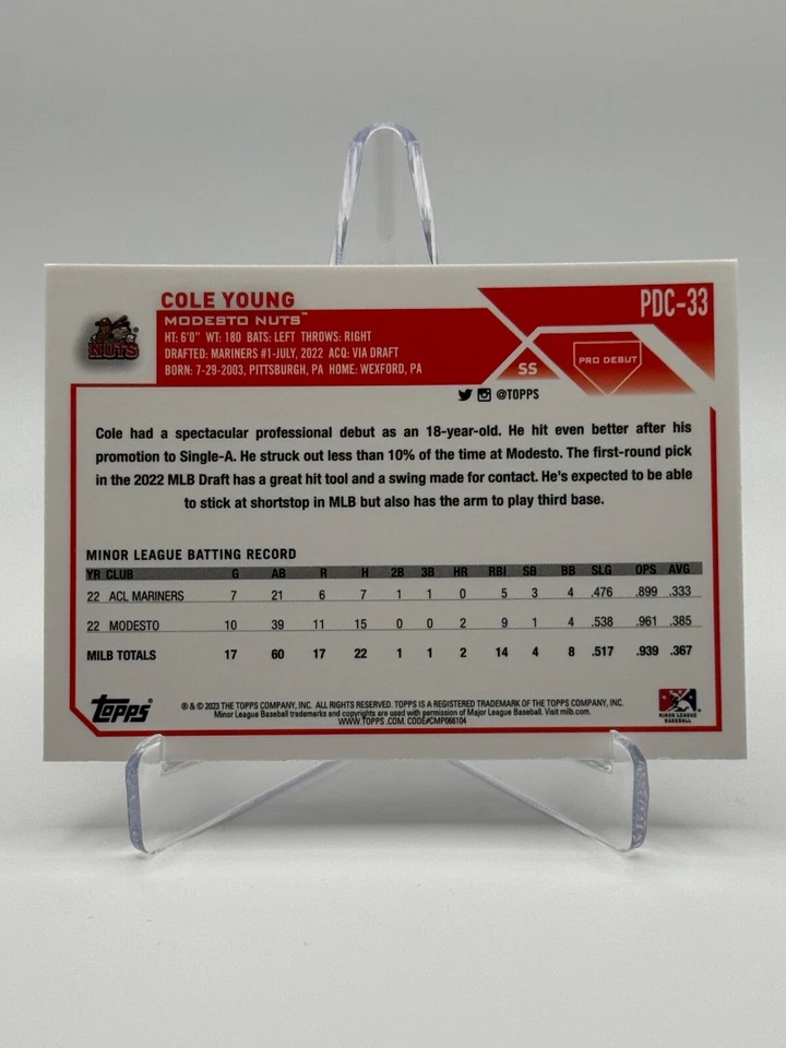 2023 Topps Pro Debut Chrome #PDC-33 COLE YOUNG - Image 2 of 2