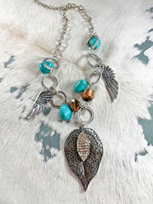 Western Womens Necklace 16 in Set Earring Turquoise Crystal Gunmetal Bead Chunky